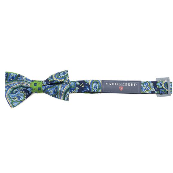 Saddlebred Adjustable Pre-tied 100% Silk Blue Green Paisley Bowtie - Picture 2 of 6